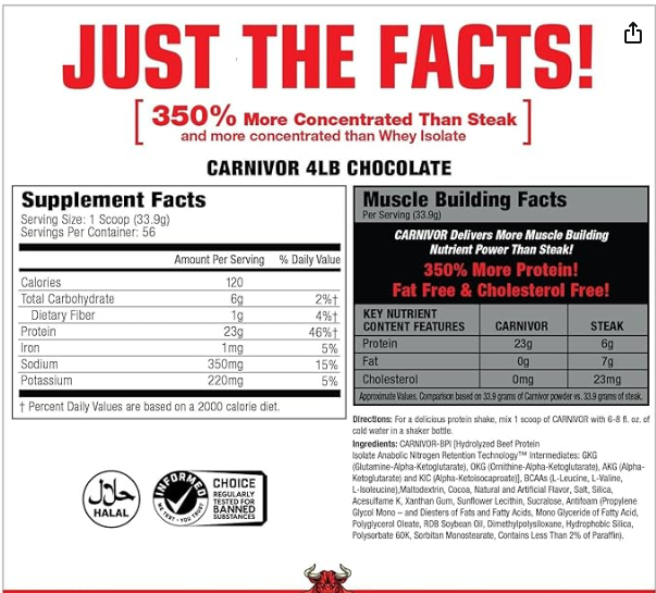 Carnivor Beef Protein Isolate Chocolate Flavor 56 Servings